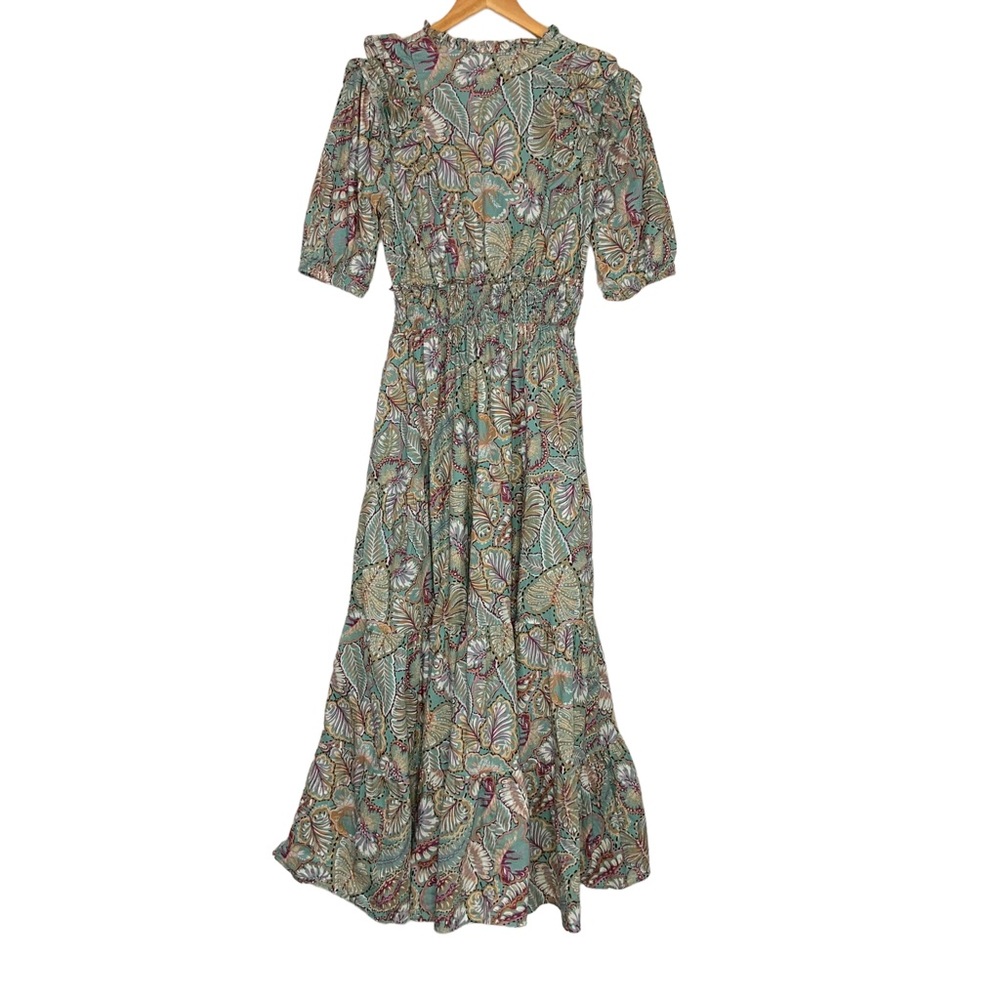 Melloday Womens Floral tropical Print Tiered Maxi Dress Sz Medium Green Ruffle - Picture 4 of 12